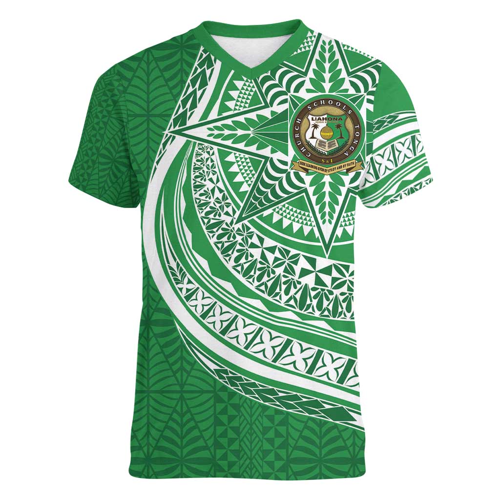 Tonga Liahona High School Personalized Women V-Neck T-Shirt Ngatu Tokelaufeletoa Motifs LT7 Female Green - Polynesian Pride