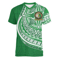 Tonga Liahona High School Personalized Women V-Neck T-Shirt Ngatu Tokelaufeletoa Motifs LT7 Female Green - Polynesian Pride