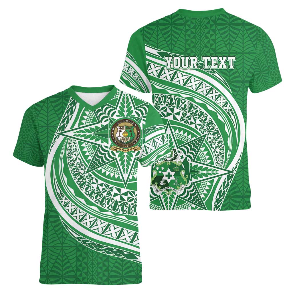Tonga Liahona High School Personalized Women V-Neck T-Shirt Ngatu Tokelaufeletoa Motifs LT7 - Polynesian Pride