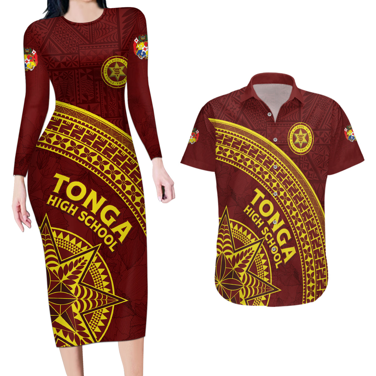 Tonga High School Couples Matching Long Sleeve Bodycon Dress and Hawaiian Shirt THS Anniversary Ngatu Motif LT7 Maroon - Polynesian Pride