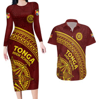 Tonga High School Couples Matching Long Sleeve Bodycon Dress and Hawaiian Shirt THS Anniversary Ngatu Motif LT7 Maroon - Polynesian Pride