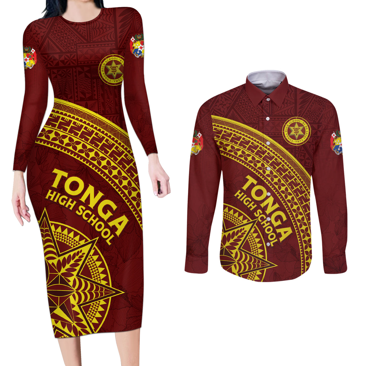 Tonga High School Couples Matching Long Sleeve Bodycon Dress and Long Sleeve Button Shirt THS Anniversary Ngatu Motif LT7 Maroon - Polynesian Pride
