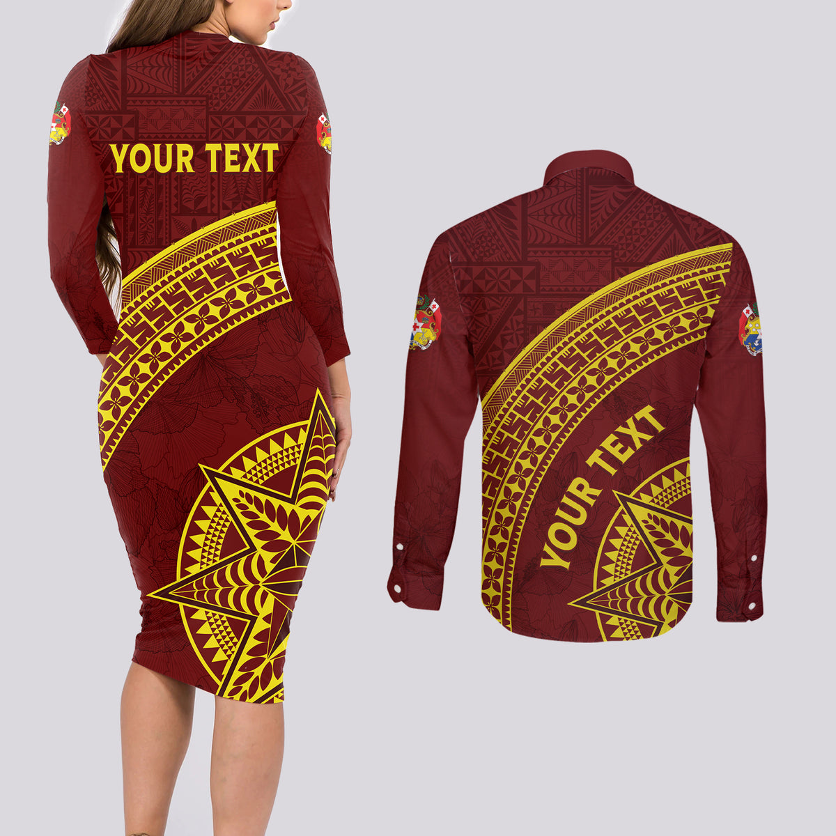 Tonga High School Couples Matching Long Sleeve Bodycon Dress and Long Sleeve Button Shirt THS Anniversary Ngatu Motif LT7 - Polynesian Pride
