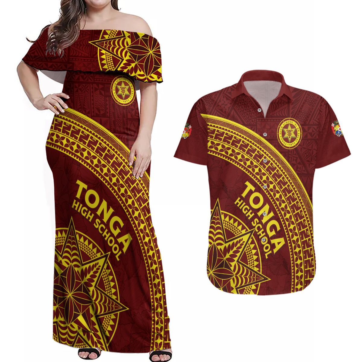 Tonga High School Couples Matching Off Shoulder Maxi Dress and Hawaiian Shirt THS Anniversary Ngatu Motif LT7 Maroon - Polynesian Pride