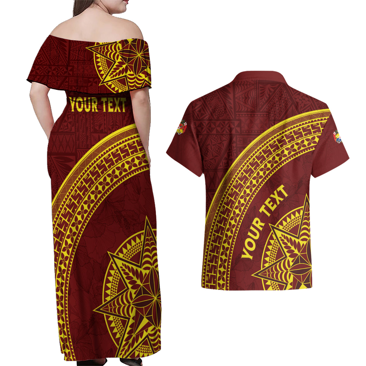 Tonga High School Couples Matching Off Shoulder Maxi Dress and Hawaiian Shirt THS Anniversary Ngatu Motif LT7 - Polynesian Pride