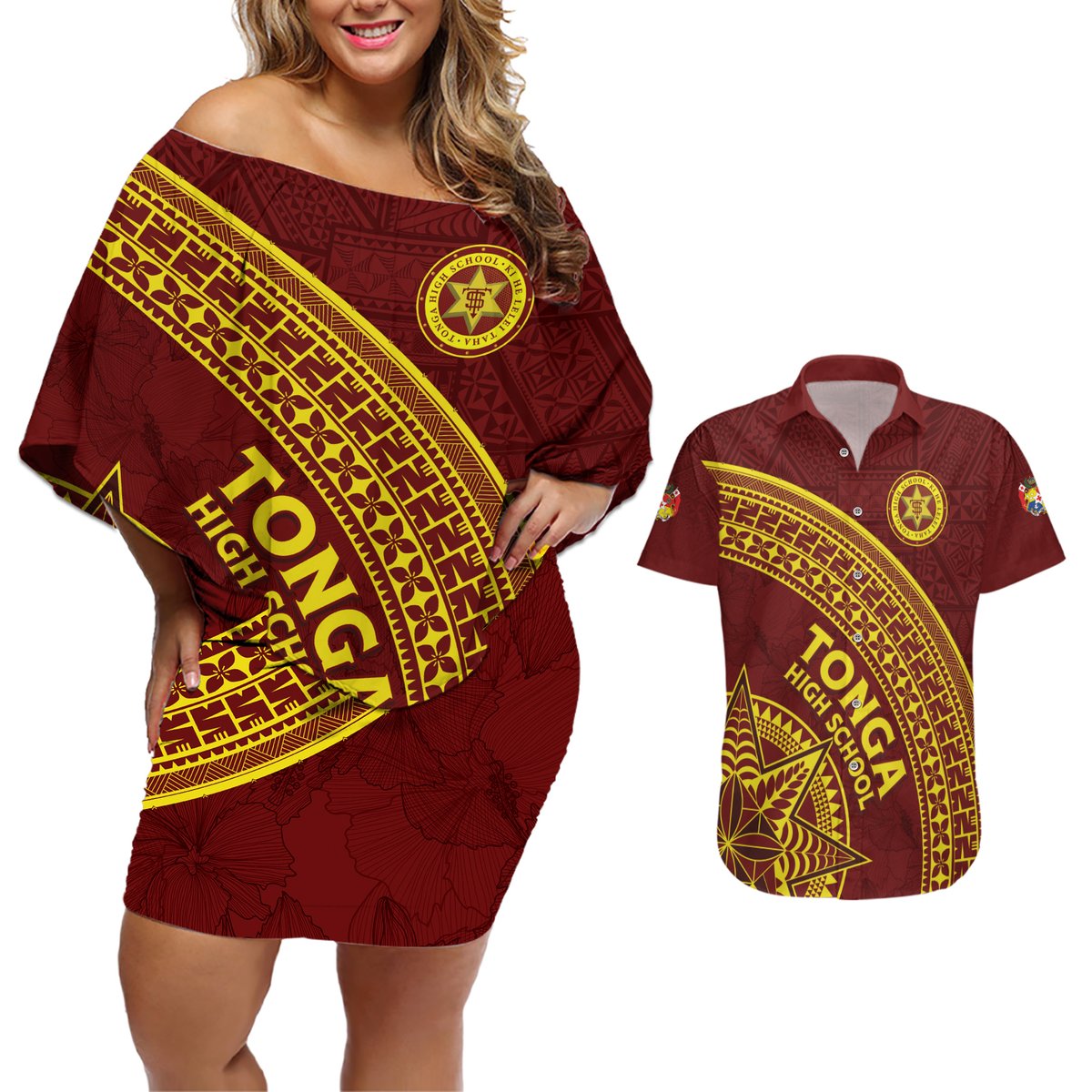 Tonga High School Couples Matching Off Shoulder Short Dress and Hawaiian Shirt THS Anniversary Ngatu Motif LT7 Maroon - Polynesian Pride