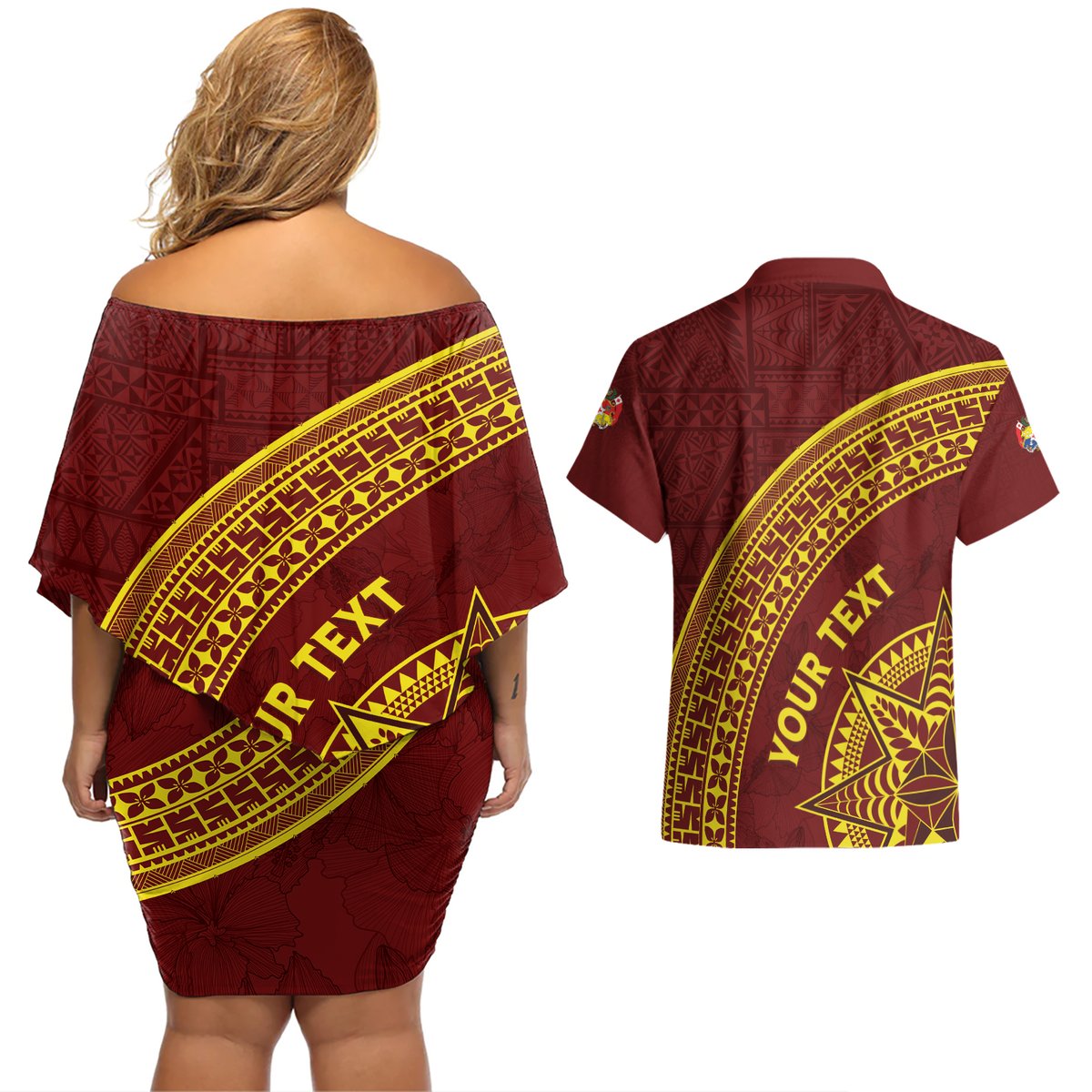 Tonga High School Couples Matching Off Shoulder Short Dress and Hawaiian Shirt THS Anniversary Ngatu Motif LT7 - Polynesian Pride