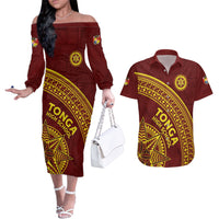 Tonga High School Couples Matching Off The Shoulder Long Sleeve Dress and Hawaiian Shirt THS Anniversary Ngatu Motif LT7 Maroon - Polynesian Pride