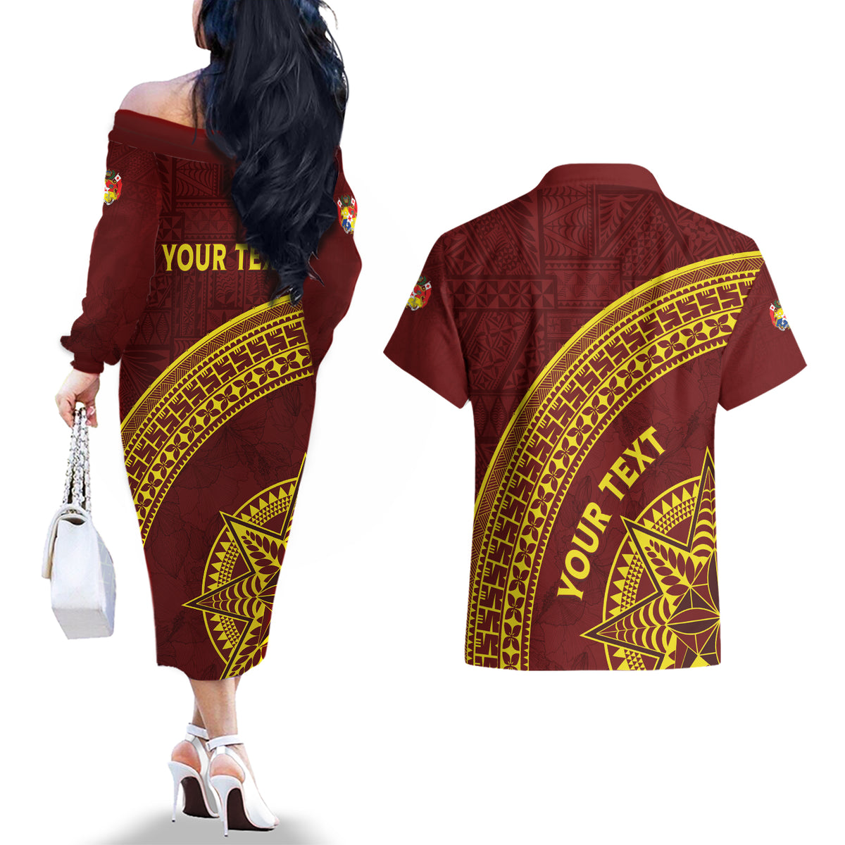 Tonga High School Couples Matching Off The Shoulder Long Sleeve Dress and Hawaiian Shirt THS Anniversary Ngatu Motif LT7 - Polynesian Pride