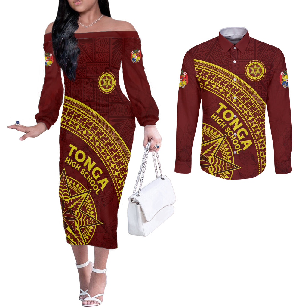 Tonga High School Couples Matching Off The Shoulder Long Sleeve Dress and Long Sleeve Button Shirt THS Anniversary Ngatu Motif LT7 Maroon - Polynesian Pride