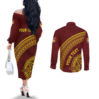 Tonga High School Couples Matching Off The Shoulder Long Sleeve Dress and Long Sleeve Button Shirt THS Anniversary Ngatu Motif LT7 - Polynesian Pride