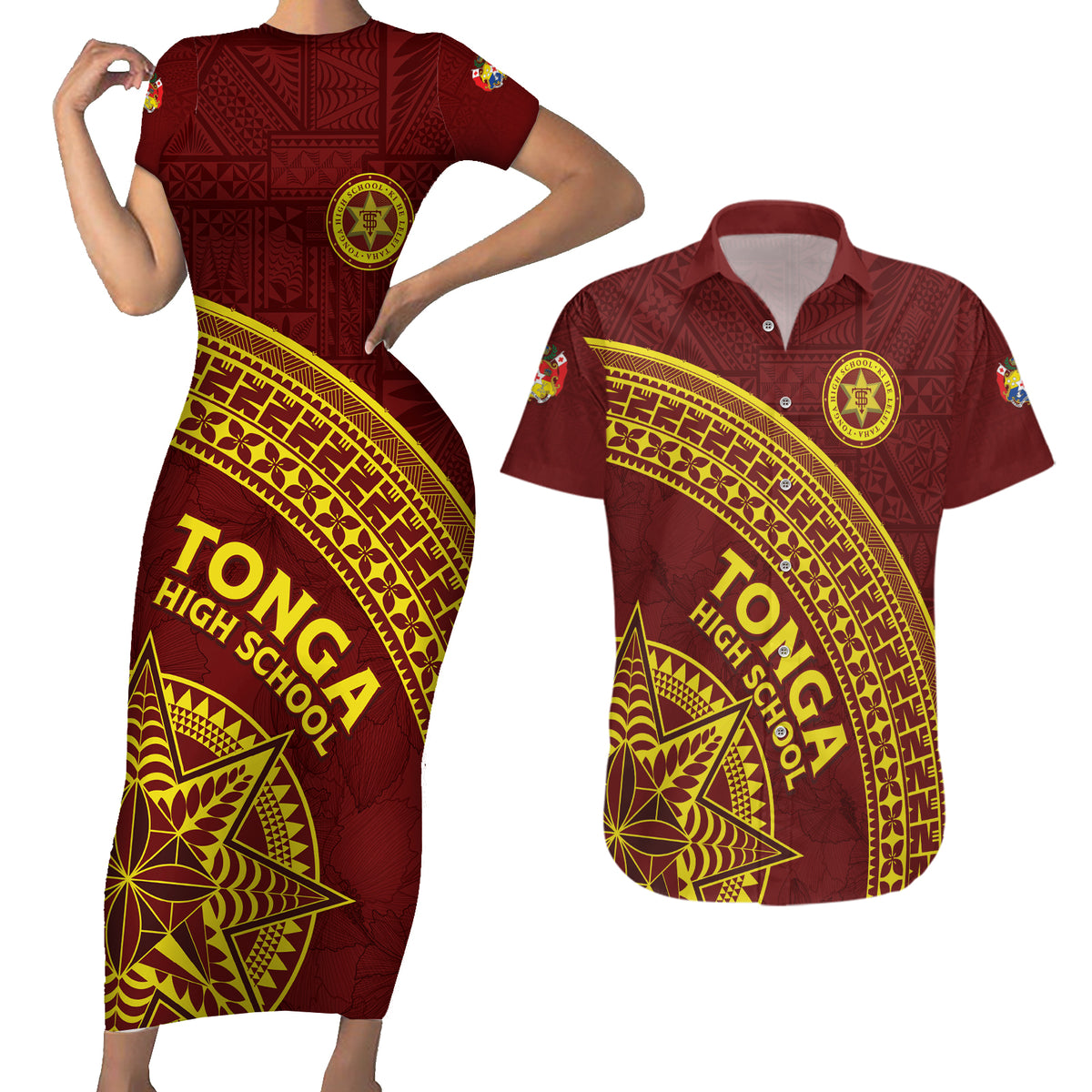 Tonga High School Couples Matching Short Sleeve Bodycon Dress and Hawaiian Shirt THS Anniversary Ngatu Motif LT7 Maroon - Polynesian Pride