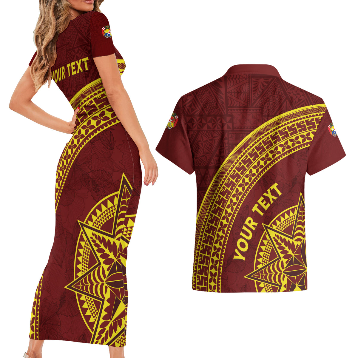 Tonga High School Couples Matching Short Sleeve Bodycon Dress and Hawaiian Shirt THS Anniversary Ngatu Motif LT7 - Polynesian Pride