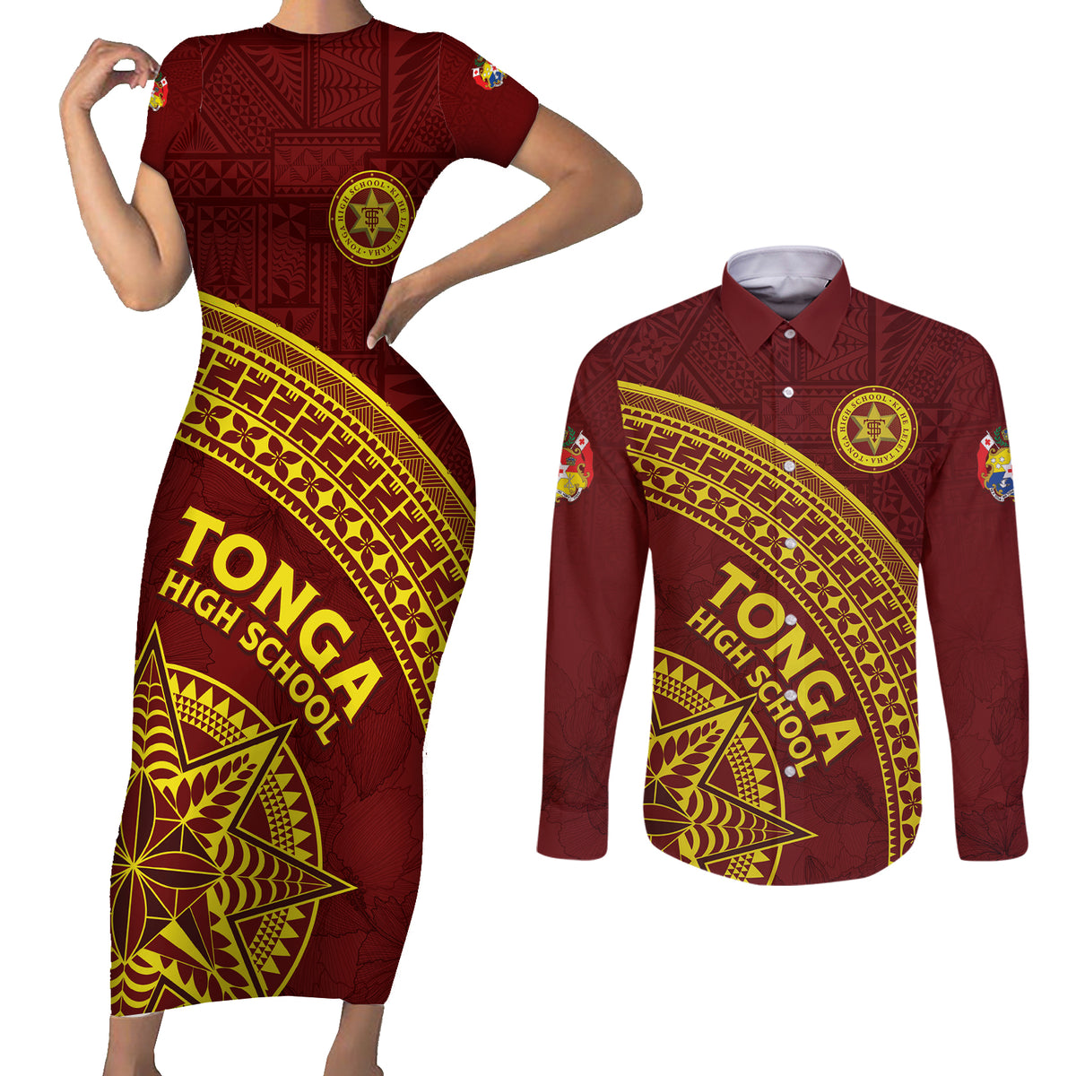 Tonga High School Couples Matching Short Sleeve Bodycon Dress and Long Sleeve Button Shirt THS Anniversary Ngatu Motif LT7 Maroon - Polynesian Pride