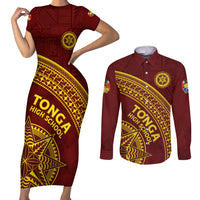 Tonga High School Couples Matching Short Sleeve Bodycon Dress and Long Sleeve Button Shirt THS Anniversary Ngatu Motif LT7 Maroon - Polynesian Pride