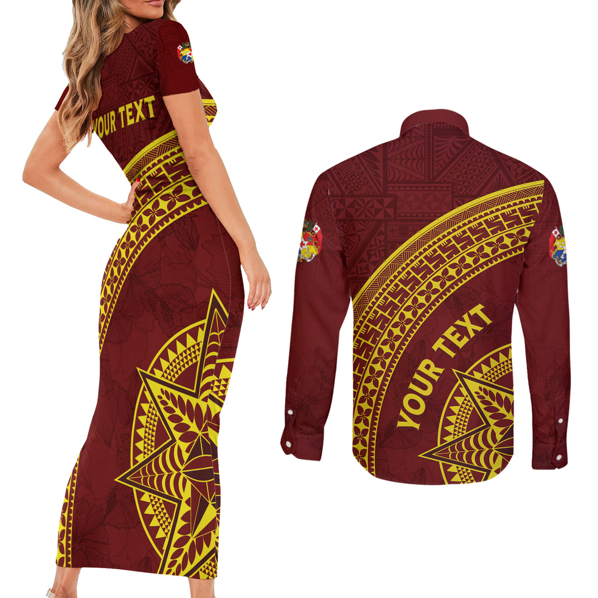 Tonga High School Couples Matching Short Sleeve Bodycon Dress and Long Sleeve Button Shirt THS Anniversary Ngatu Motif LT7 - Polynesian Pride