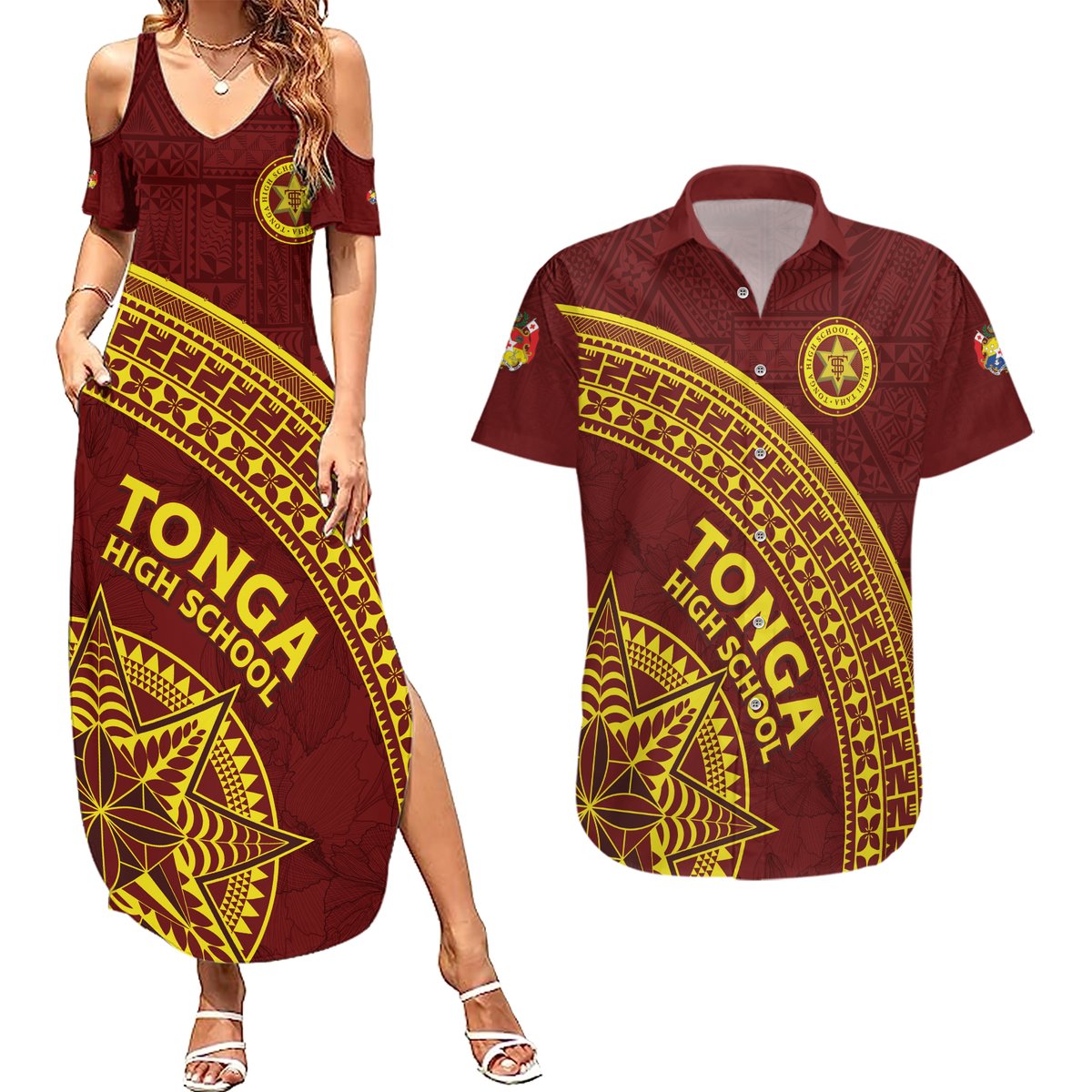 Tonga High School Couples Matching Summer Maxi Dress and Hawaiian Shirt THS Anniversary Ngatu Motif LT7 Maroon - Polynesian Pride