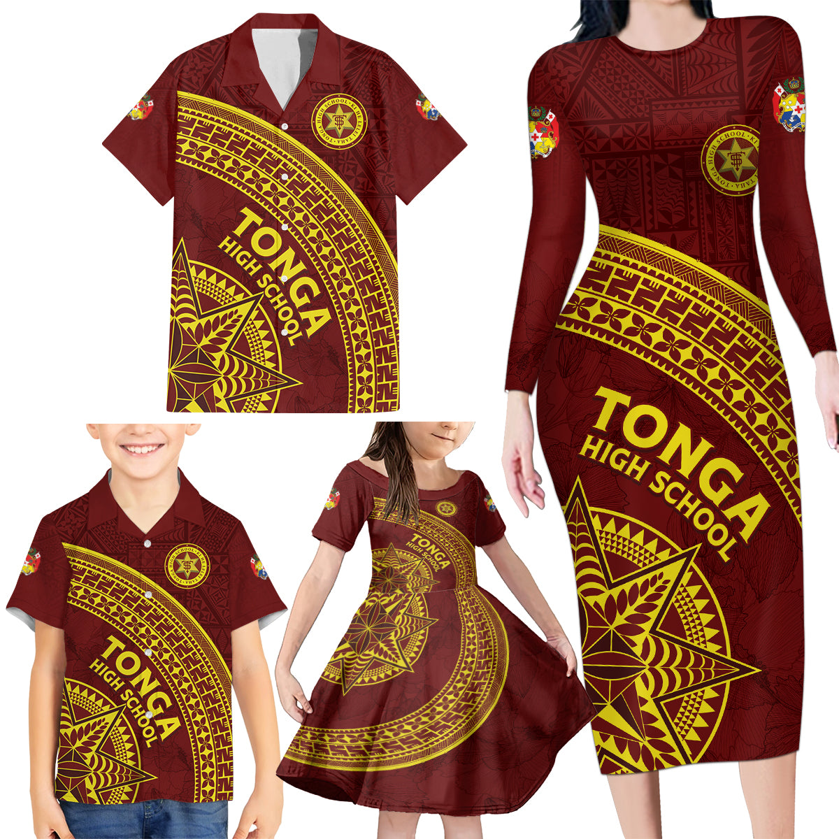 Tonga High School Family Matching Long Sleeve Bodycon Dress and Hawaiian Shirt THS Anniversary Ngatu Motif LT7 - Polynesian Pride