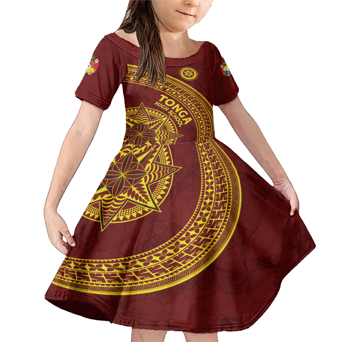Tonga High School Family Matching Mermaid Dress and Hawaiian Shirt THS Anniversary Ngatu Motif LT7 Daughter's Dress Maroon - Polynesian Pride