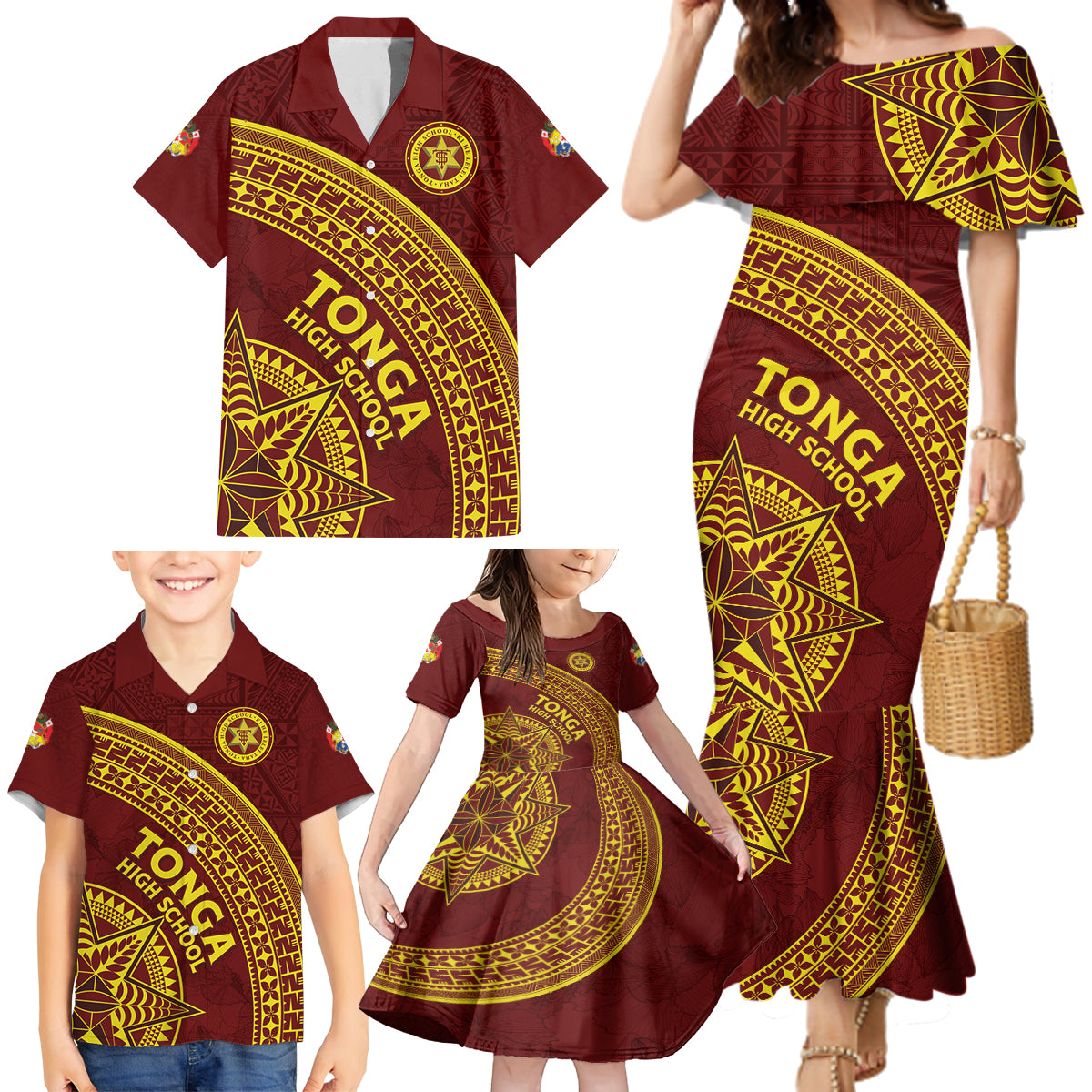 Tonga High School Family Matching Mermaid Dress and Hawaiian Shirt THS Anniversary Ngatu Motif LT7 - Polynesian Pride