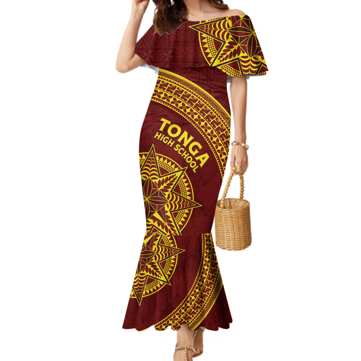 Tonga High School Family Matching Mermaid Dress and Hawaiian Shirt THS Anniversary Ngatu Motif LT7 Mom's Dress Maroon - Polynesian Pride