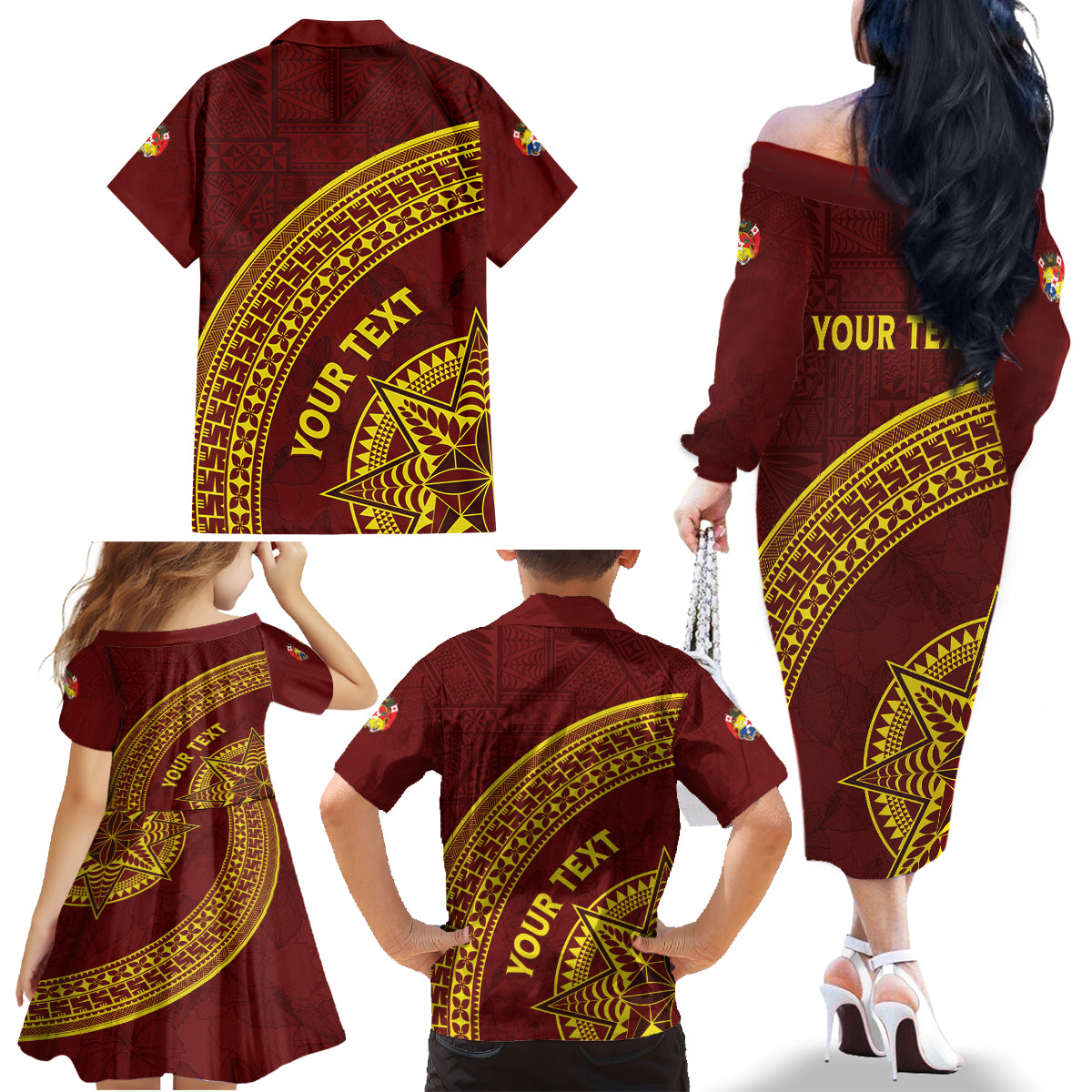 Tonga High School Family Matching Off The Shoulder Long Sleeve Dress and Hawaiian Shirt THS Anniversary Ngatu Motif LT7 - Polynesian Pride