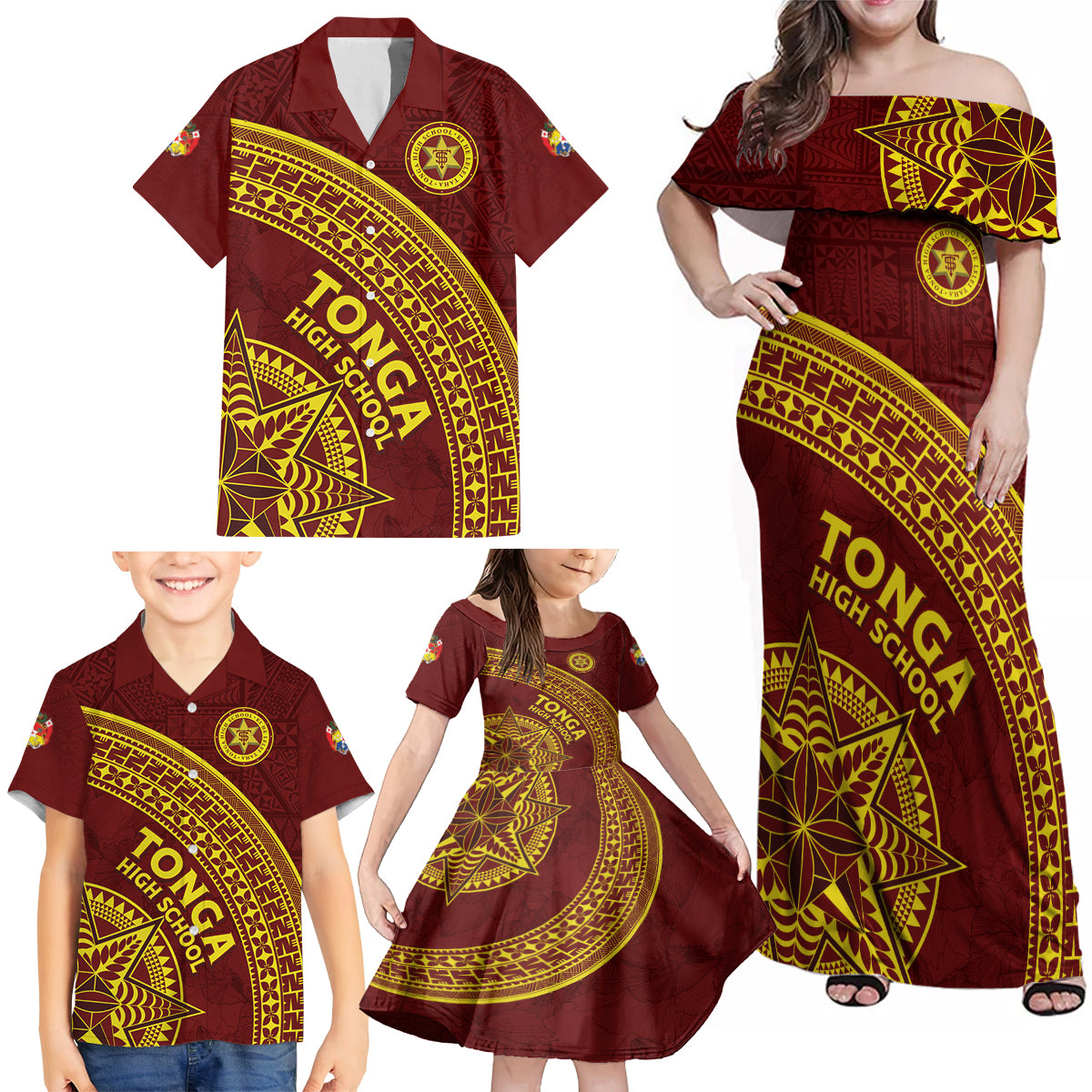 Tonga High School Family Matching Off Shoulder Maxi Dress and Hawaiian Shirt THS Anniversary Ngatu Motif LT7 - Polynesian Pride