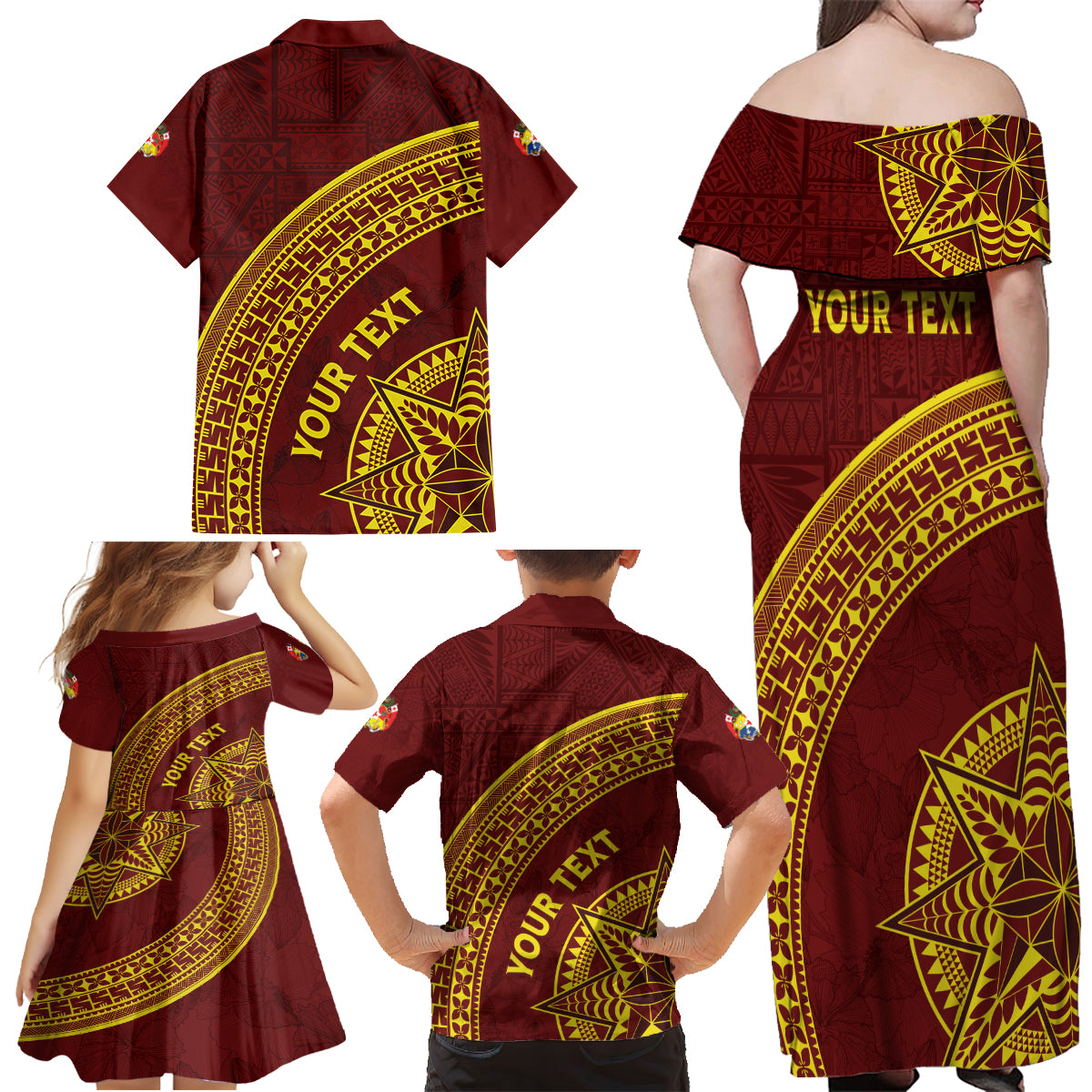 Tonga High School Family Matching Off Shoulder Maxi Dress and Hawaiian Shirt THS Anniversary Ngatu Motif LT7 - Polynesian Pride