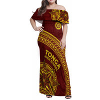 Tonga High School Family Matching Off Shoulder Maxi Dress and Hawaiian Shirt THS Anniversary Ngatu Motif LT7 Mom's Dress Maroon - Polynesian Pride