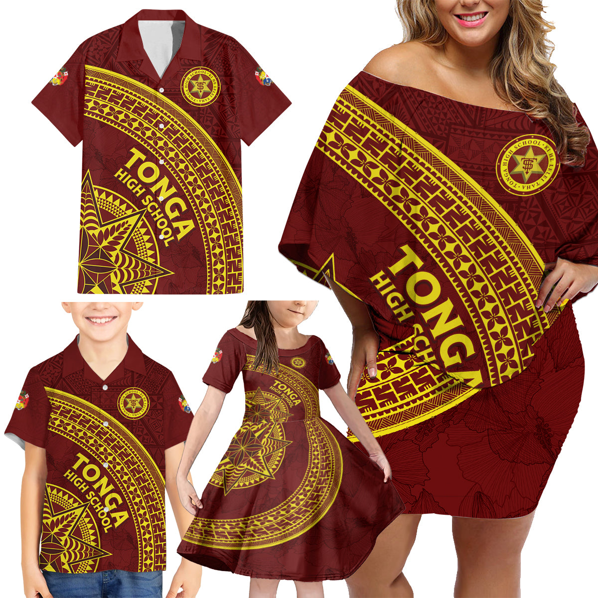 Tonga High School Family Matching Off Shoulder Short Dress and Hawaiian Shirt THS Anniversary Ngatu Motif LT7 - Polynesian Pride
