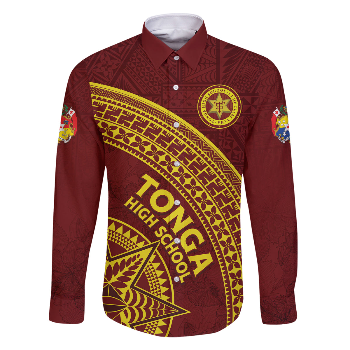 Tonga High School Family Matching Off Shoulder Short Dress and Hawaiian Shirt THS Anniversary Ngatu Motif LT7 Dad's Shirt - Long Sleeve Maroon - Polynesian Pride