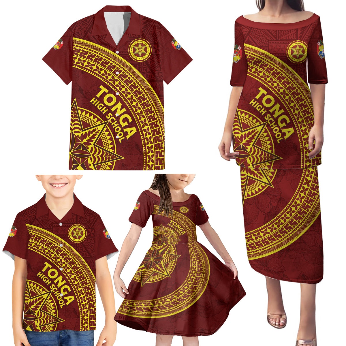 Tonga High School Family Matching Puletasi and Hawaiian Shirt THS Anniversary Ngatu Motif LT7 - Polynesian Pride