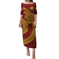 Tonga High School Family Matching Puletasi and Hawaiian Shirt THS Anniversary Ngatu Motif LT7 Mom's Dress Maroon - Polynesian Pride