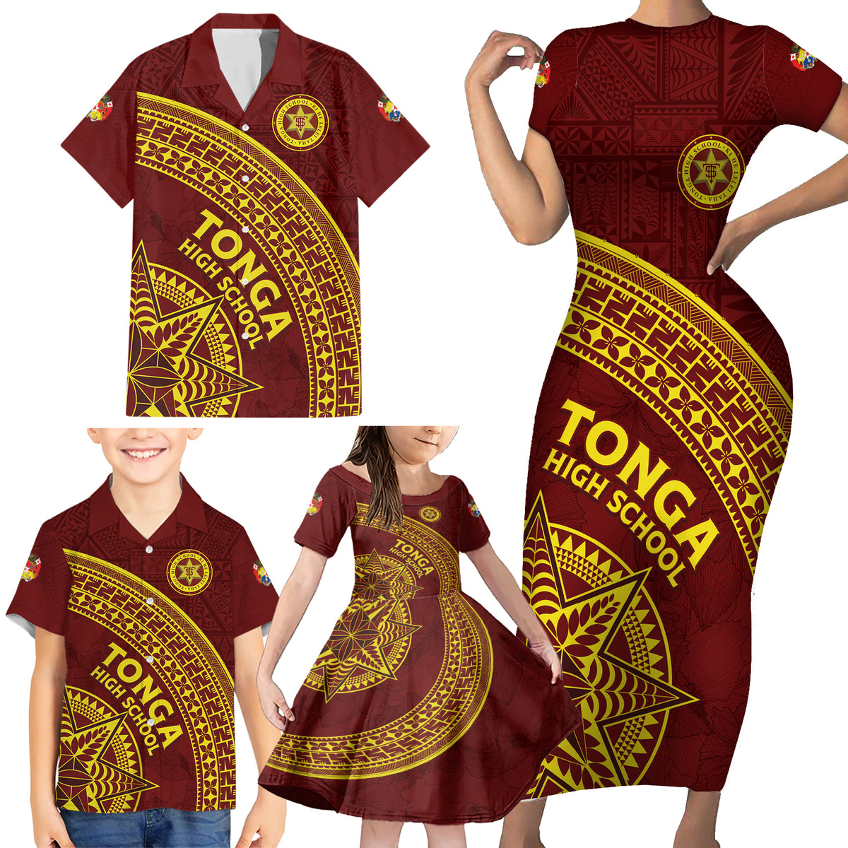 Tonga High School Family Matching Short Sleeve Bodycon Dress and Hawaiian Shirt THS Anniversary Ngatu Motif LT7 - Polynesian Pride