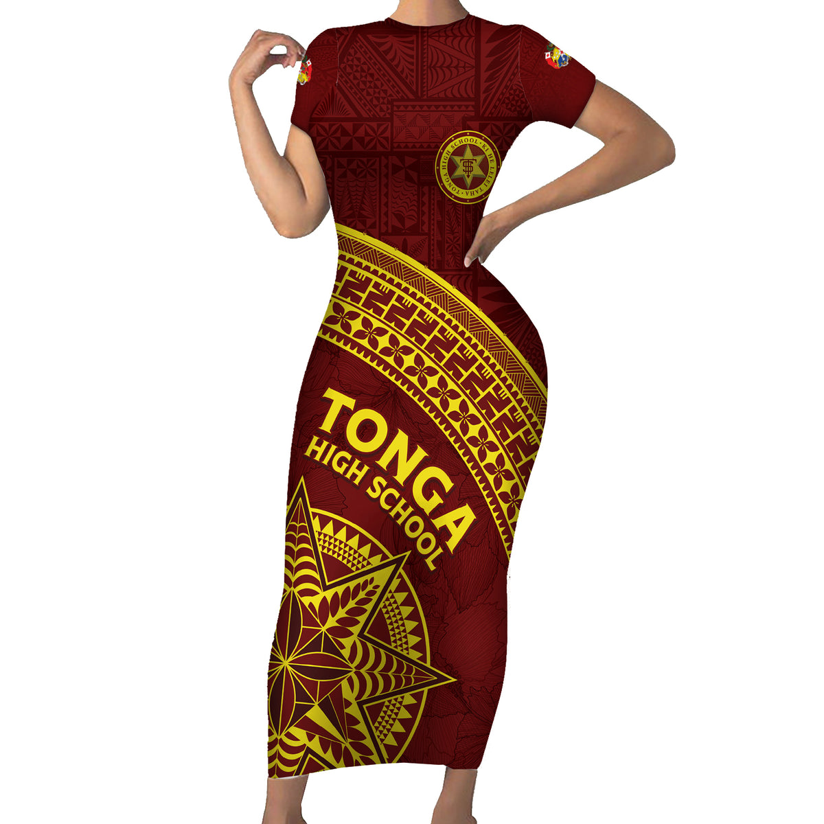 Tonga High School Family Matching Short Sleeve Bodycon Dress and Hawaiian Shirt THS Anniversary Ngatu Motif LT7 Mom's Dress Maroon - Polynesian Pride