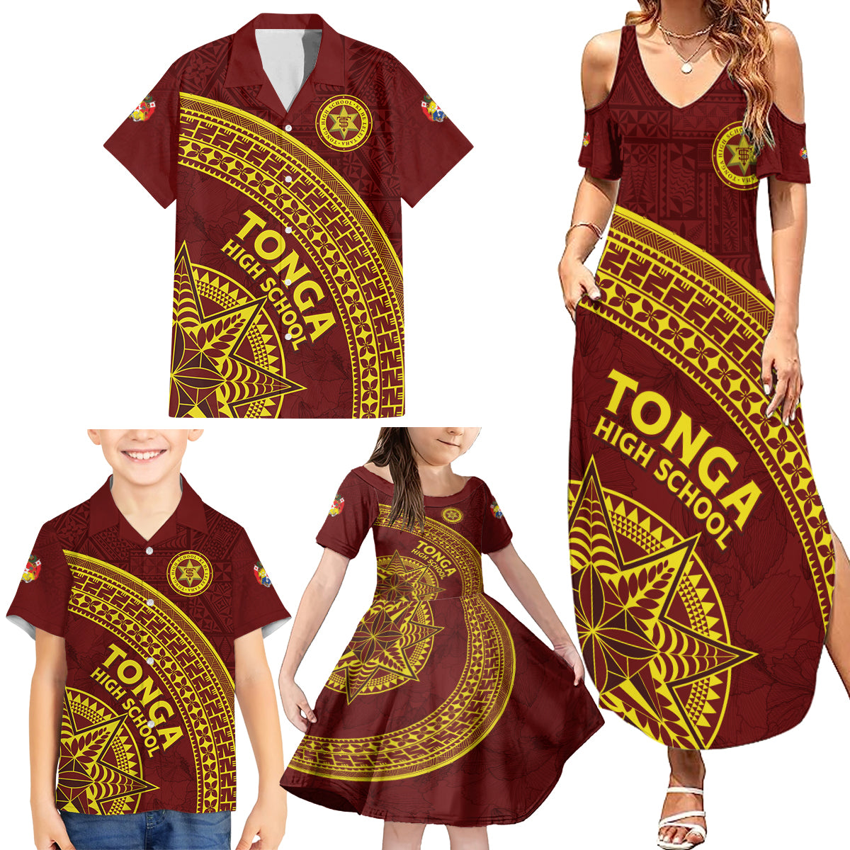 Tonga High School Family Matching Summer Maxi Dress and Hawaiian Shirt THS Anniversary Ngatu Motif LT7 - Polynesian Pride