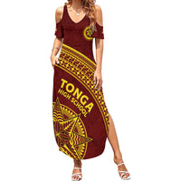 Tonga High School Family Matching Summer Maxi Dress and Hawaiian Shirt THS Anniversary Ngatu Motif LT7 Mom's Dress Maroon - Polynesian Pride