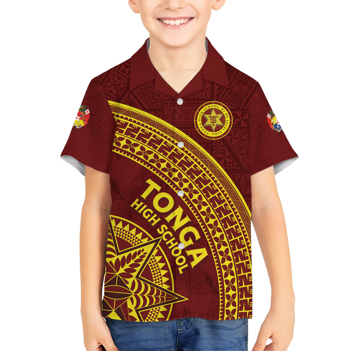 Tonga High School Family Matching Summer Maxi Dress and Hawaiian Shirt THS Anniversary Ngatu Motif LT7 Son's Shirt Maroon - Polynesian Pride