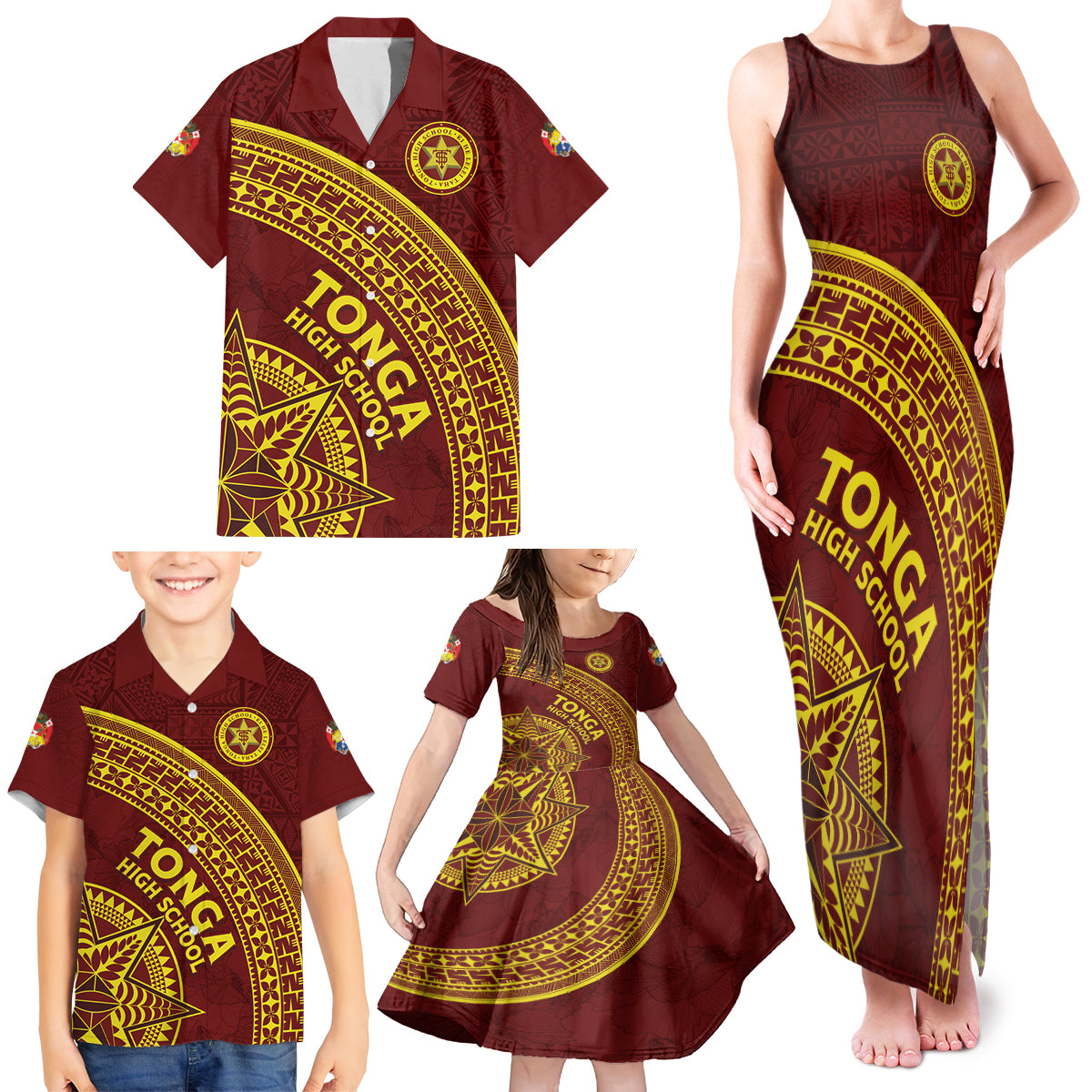 Tonga High School Family Matching Tank Maxi Dress and Hawaiian Shirt THS Anniversary Ngatu Motif LT7 - Polynesian Pride