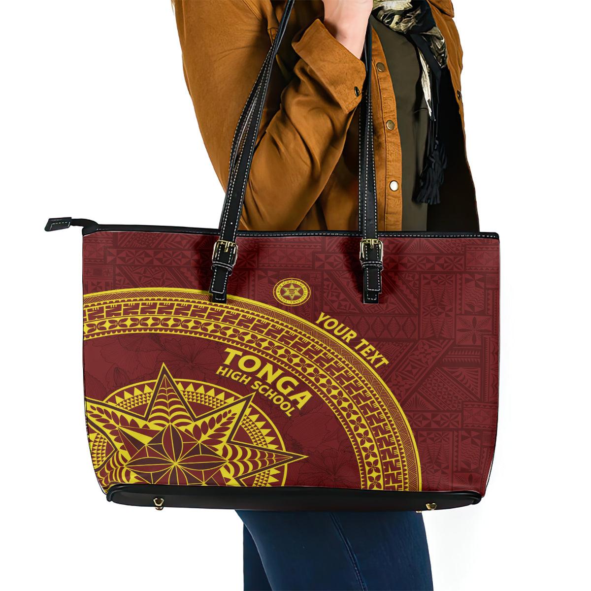 Tonga High School Leather Tote Bag THS Anniversary Ngatu Motif