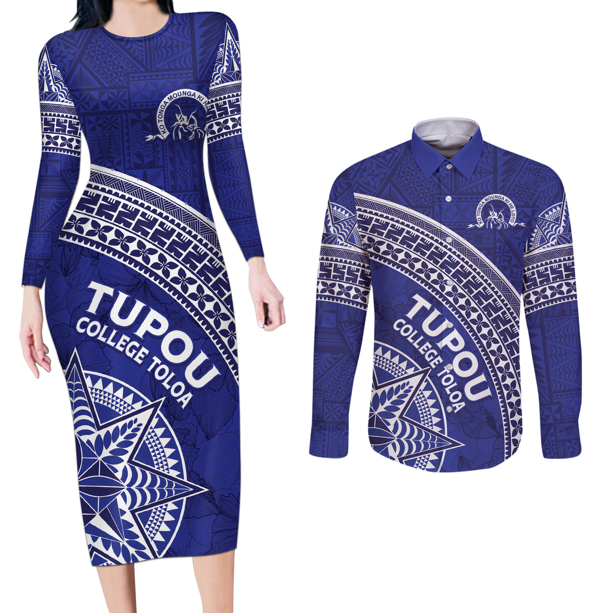 Tupou College Toloa Couples Matching Long Sleeve Bodycon Dress and Long Sleeve Button Shirt Ngatu Tapa Mix Style LT7 Blue - Polynesian Pride