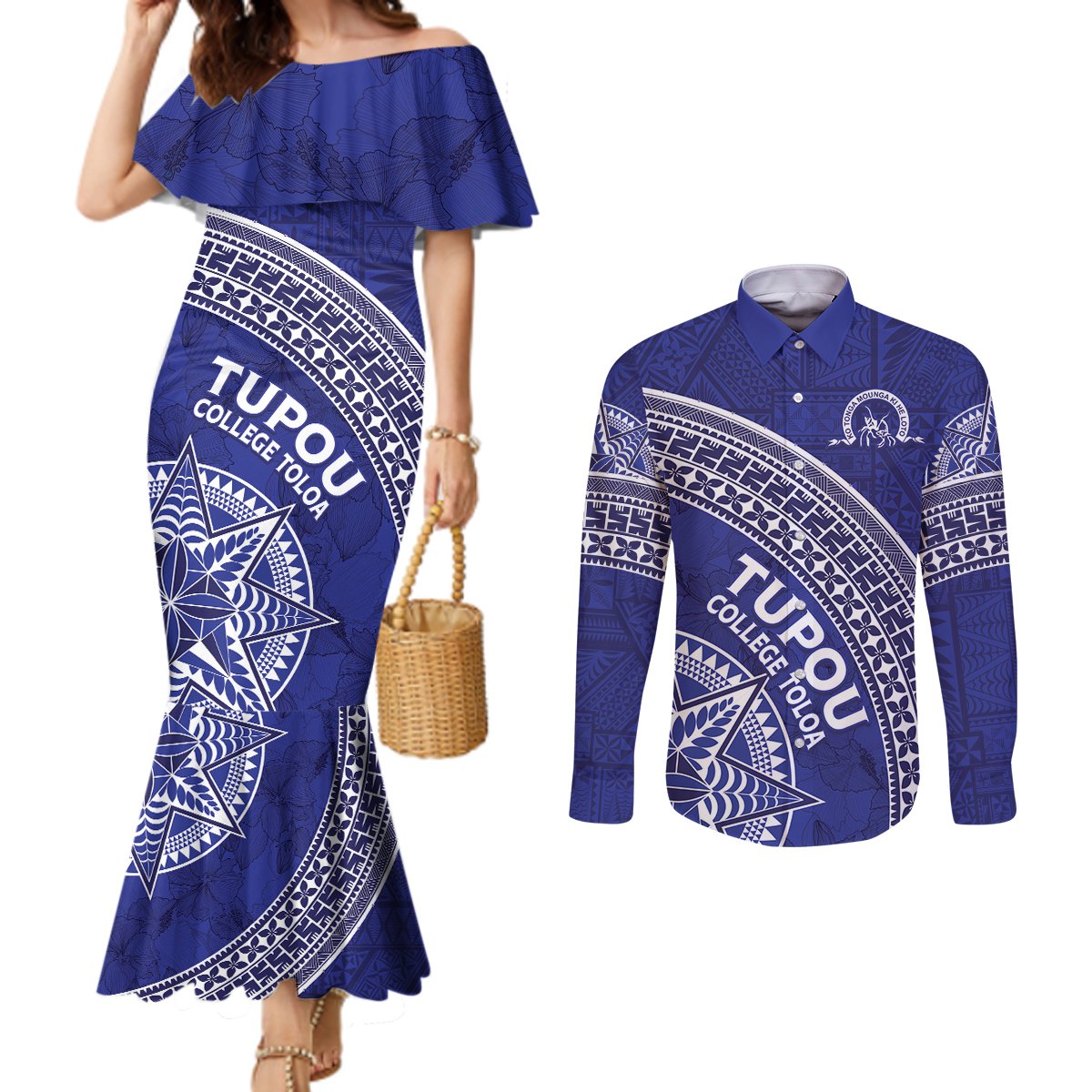 Tupou College Toloa Couples Matching Mermaid Dress and Long Sleeve Button Shirt Ngatu Tapa Mix Style LT7 Blue - Polynesian Pride