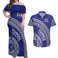 Tupou College Toloa Couples Matching Off Shoulder Maxi Dress and Hawaiian Shirt Ngatu Tapa Mix Style LT7 Blue - Polynesian Pride