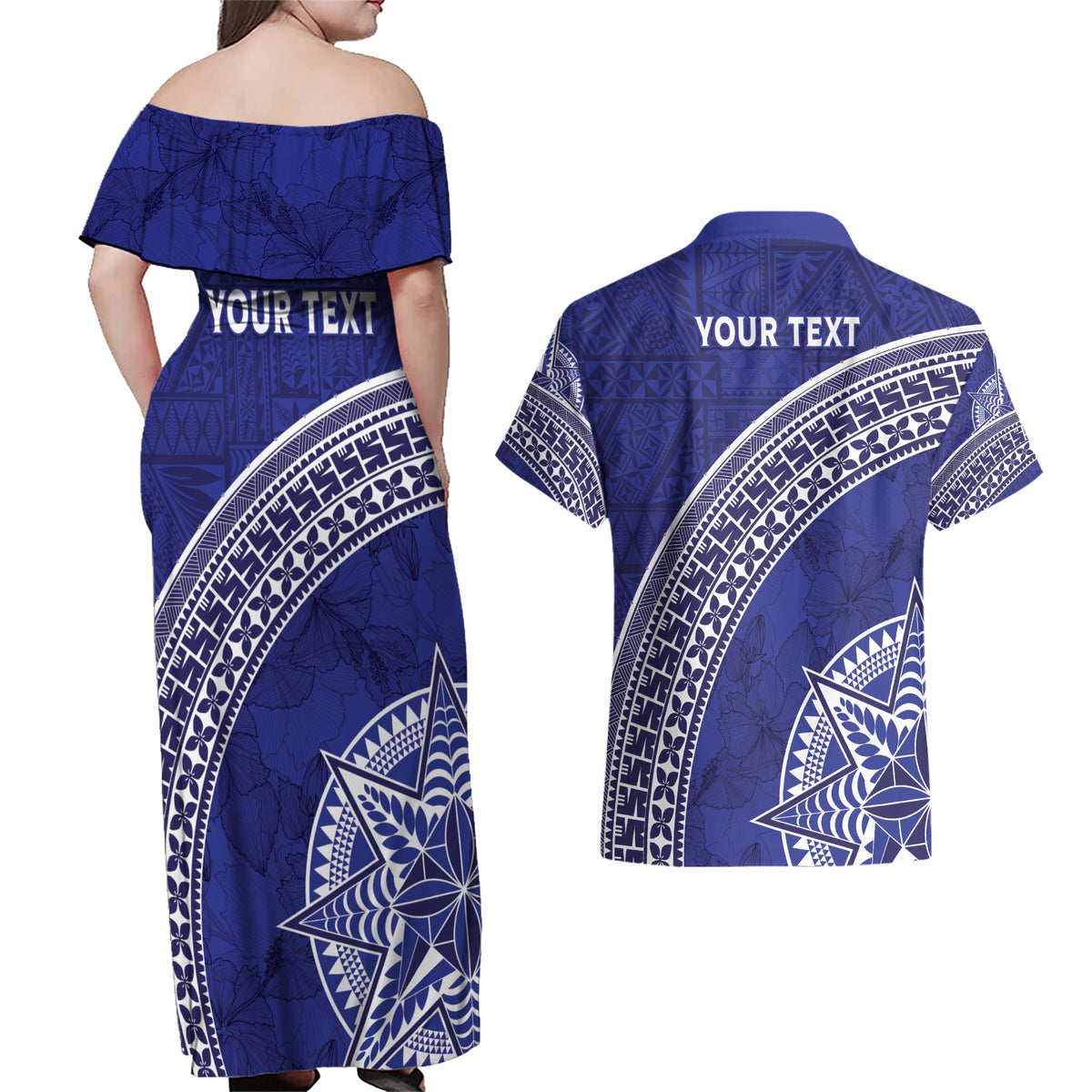 Tupou College Toloa Couples Matching Off Shoulder Maxi Dress and Hawaiian Shirt Ngatu Tapa Mix Style LT7 - Polynesian Pride