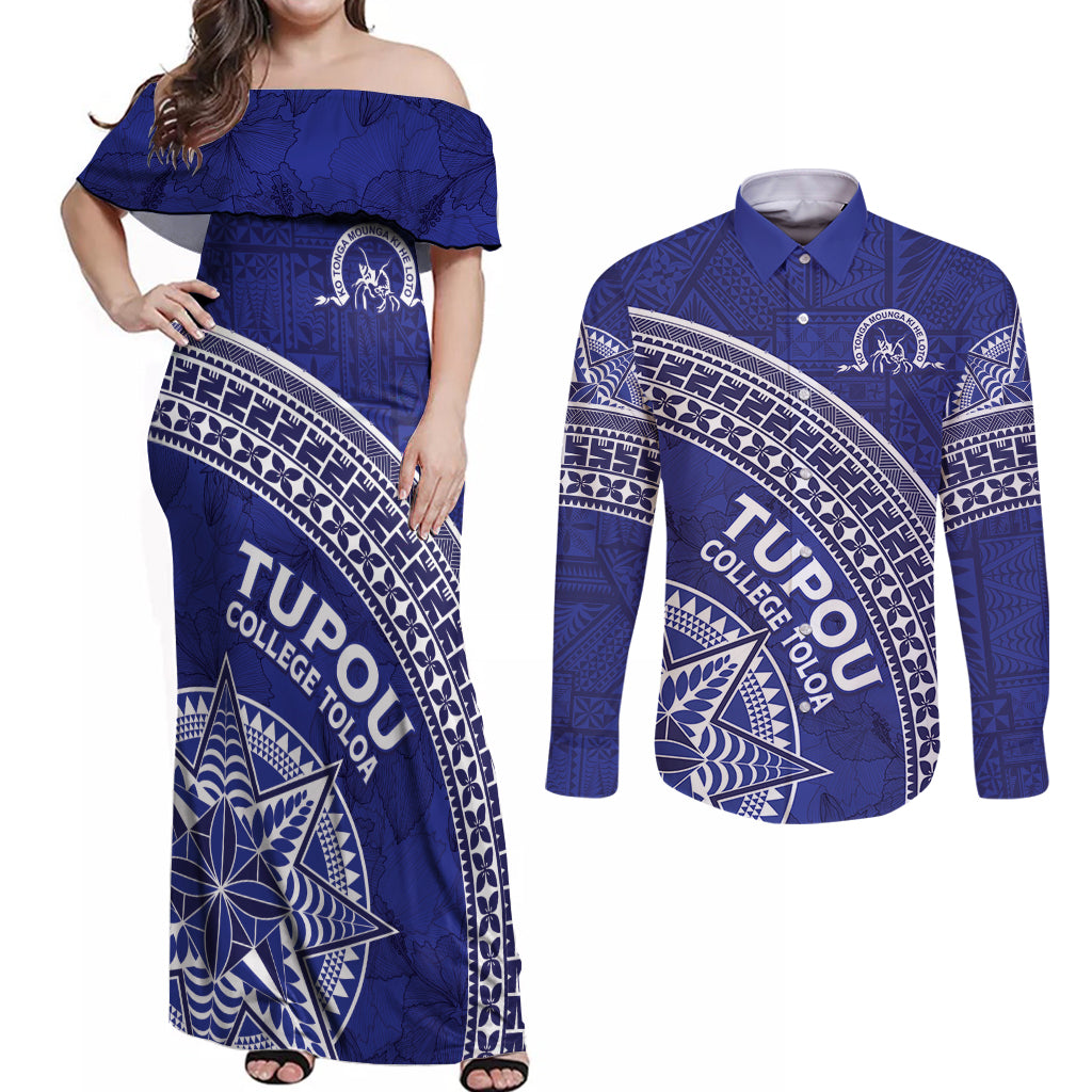 Tupou College Toloa Couples Matching Off Shoulder Maxi Dress and Long Sleeve Button Shirt Ngatu Tapa Mix Style LT7 Blue - Polynesian Pride