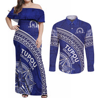 Tupou College Toloa Couples Matching Off Shoulder Maxi Dress and Long Sleeve Button Shirt Ngatu Tapa Mix Style LT7 Blue - Polynesian Pride