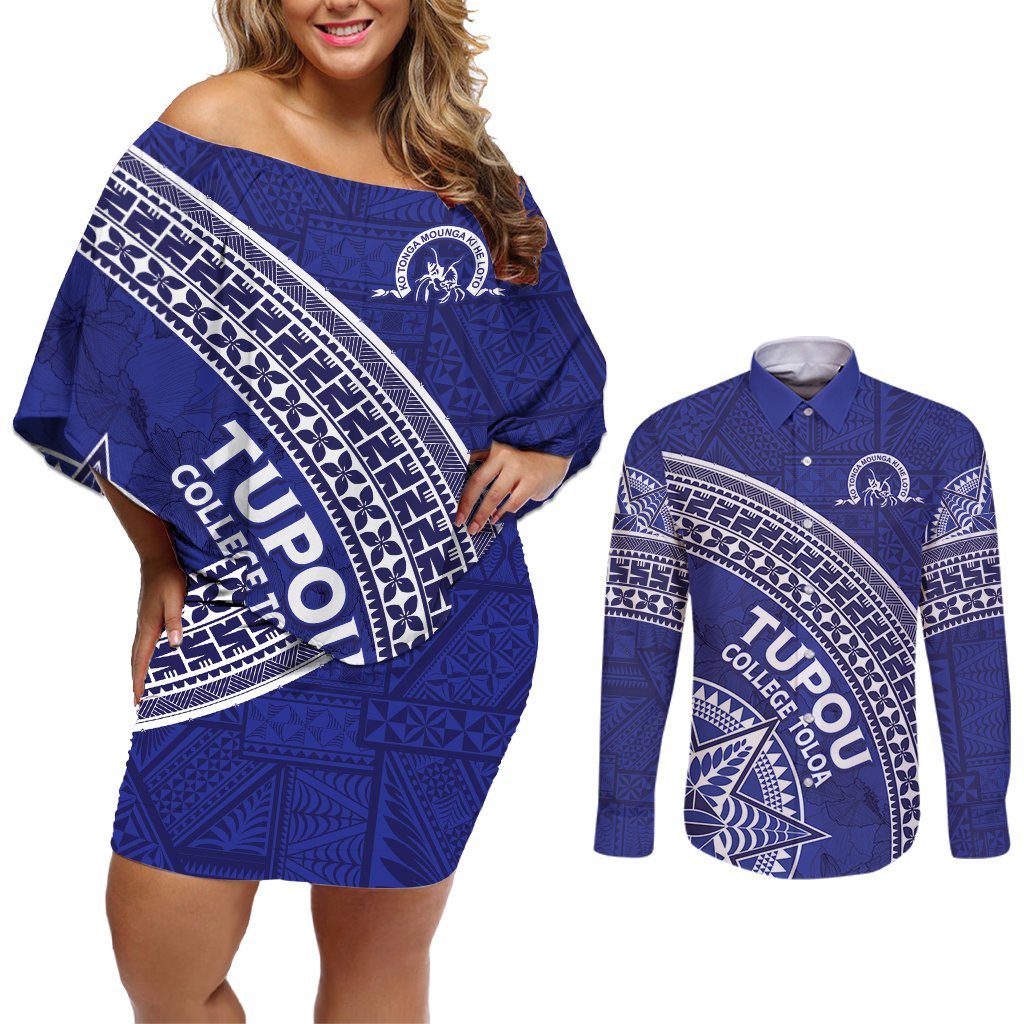 Tupou College Toloa Couples Matching Off Shoulder Short Dress and Long Sleeve Button Shirt Ngatu Tapa Mix Style LT7 Blue - Polynesian Pride