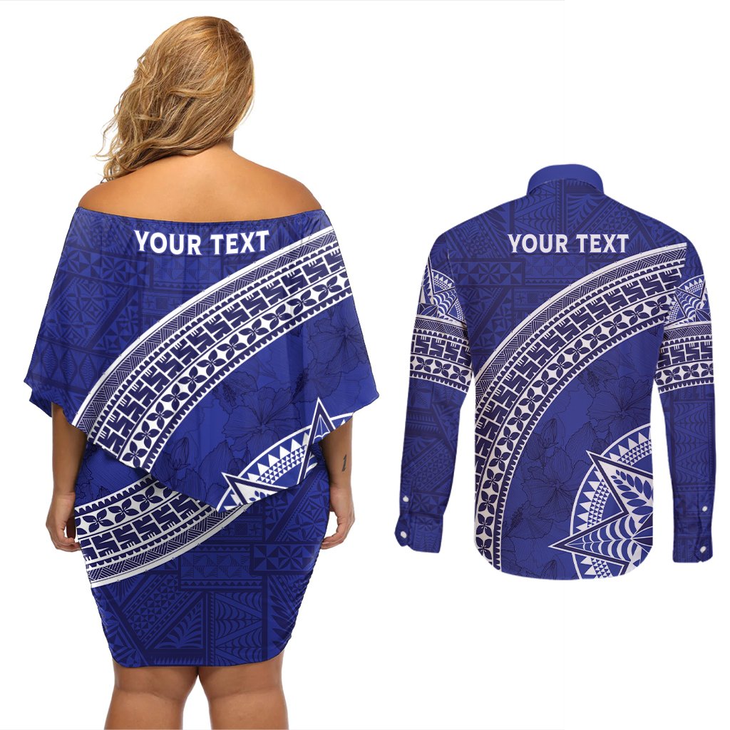 Tupou College Toloa Couples Matching Off Shoulder Short Dress and Long Sleeve Button Shirt Ngatu Tapa Mix Style LT7 - Polynesian Pride
