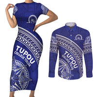 Tupou College Toloa Couples Matching Short Sleeve Bodycon Dress and Long Sleeve Button Shirt Ngatu Tapa Mix Style LT7 Blue - Polynesian Pride