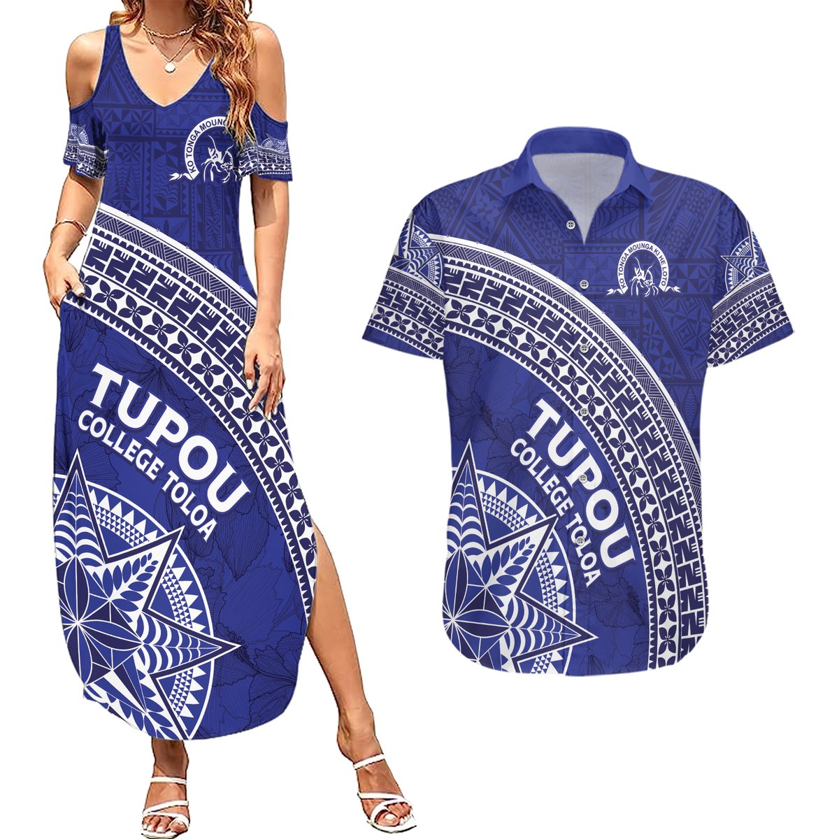 Tupou College Toloa Couples Matching Summer Maxi Dress and Hawaiian Shirt Ngatu Tapa Mix Style LT7 Blue - Polynesian Pride